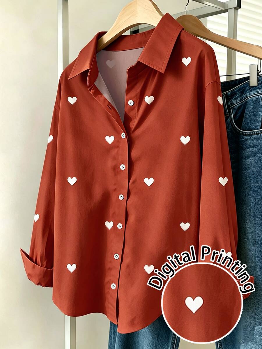 Franclia Women's Heart Pattern Long Sleeve Single-Breasted Casual Shirt - Orange - View 1