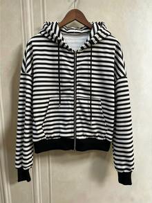 SHEIN x Carly Lawrence INAWLY 女款抽繩連帽拉鍊休閒百搭日常長袖運動衫 - 黑色 - 查看 3