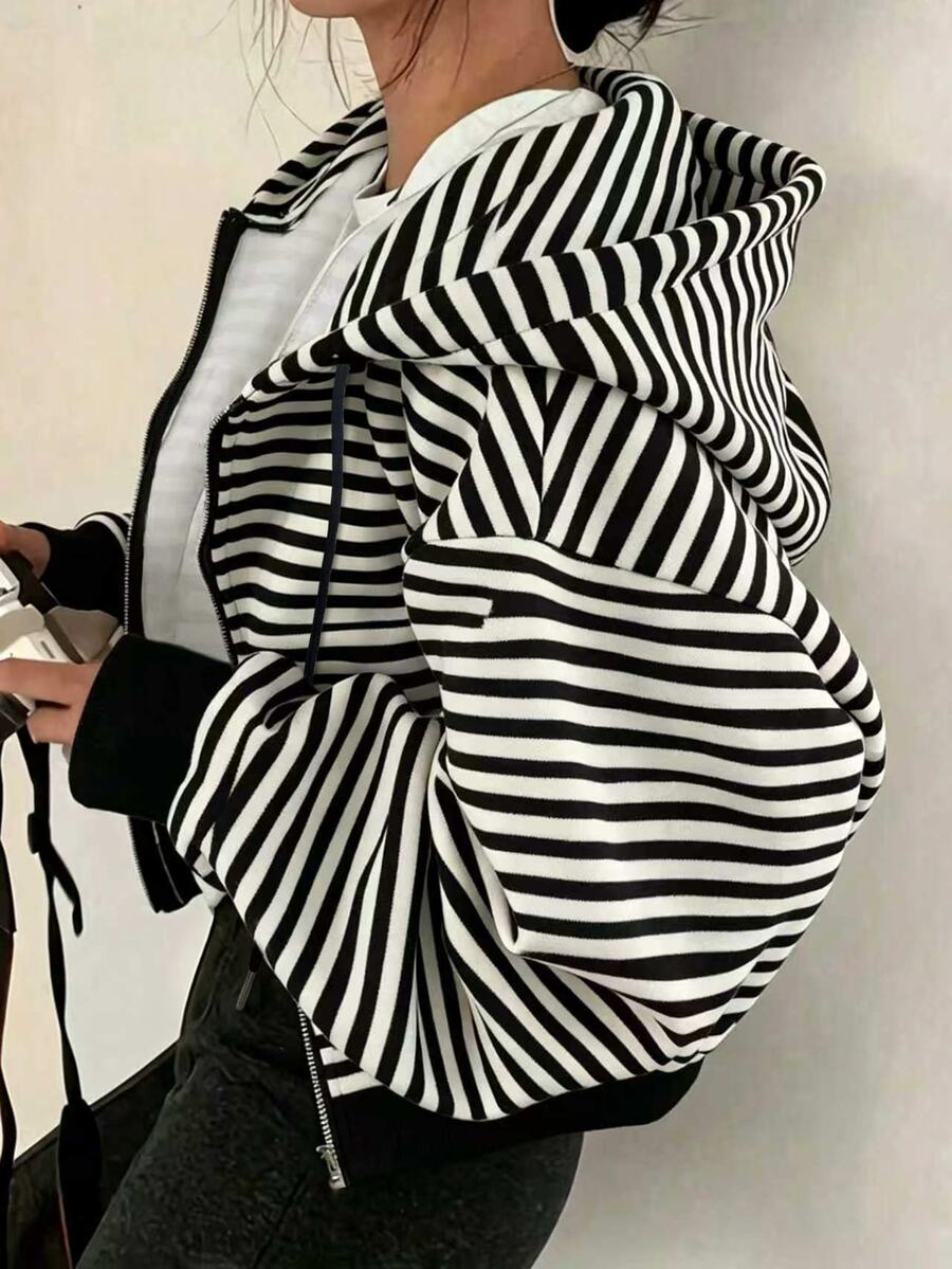 SHEIN x Carly Lawrence INAWLY 女款抽繩連帽拉鍊休閒百搭日常長袖運動衫 - 黑色 - 查看 1