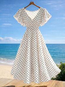 valorelle valorelle 女士波点印花V领中长连衣裙，夏季时尚 - 白色 - 查看 3