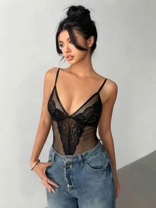 Aloruh Women's Solid Color Sheer Lace Mesh Patchwork Sexy Bodysuit Golf Pastal Summer - Black - View 3