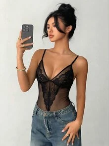 Aloruh Women's Solid Color Sheer Lace Mesh Patchwork Sexy Bodysuit Golf Pastal Summer - Black - View 1