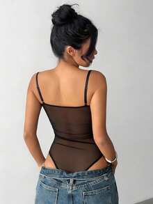Aloruh Women's Solid Color Sheer Lace Mesh Patchwork Sexy Bodysuit Golf Pastal Summer - Black - View 5