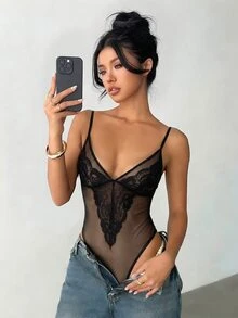 Aloruh Women's Solid Color Sheer Lace Mesh Patchwork Sexy Bodysuit Golf Pastal Summer - Black - View 7