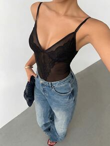 Aloruh Women's Solid Color Sheer Lace Mesh Patchwork Sexy Bodysuit Golf Pastal Summer - Black - View 4