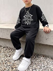 SHEIN Setelan 2 Potong untuk Anak Laki-Laki: Sweatshirt Hitam & Celana Jogger Hitam, Cetakan Grafis Putih di Bagian Depan dan Lengan, Pakaian Personalisasi yang Bergaya, Nyaman dan Mudah Dipakai, Cocok untuk Musim Semi dan Gugur, Sekolah dan Aktivitas Luar Ruangan, Setelan 2 Potong Penting untuk Anak Laki-Laki - Hitam - View 1