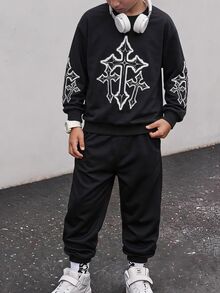 SHEIN Setelan 2 Potong untuk Anak Laki-Laki: Sweatshirt Hitam & Celana Jogger Hitam, Cetakan Grafis Putih di Bagian Depan dan Lengan, Pakaian Personalisasi yang Bergaya, Nyaman dan Mudah Dipakai, Cocok untuk Musim Semi dan Gugur, Sekolah dan Aktivitas Luar Ruangan, Setelan 2 Potong Penting untuk Anak Laki-Laki - Hitam - View 4