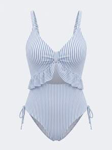 Swim Lushoire Fashionable High-End Striped Drawstring Hollow-Out Ruffle Women's Summer Beach Vacation One-Piece Swimsuit - Multicolor - View 4