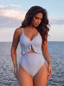 Swim Lushoire Fashionable High-End Striped Drawstring Hollow-Out Ruffle Women's Summer Beach Vacation One-Piece Swimsuit - Multicolor - View 5