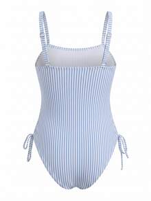 Swim Lushoire Fashionable High-End Striped Drawstring Hollow-Out Ruffle Women's Summer Beach Vacation One-Piece Swimsuit - Multicolor - View 2