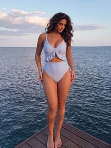 Swim Lushoire Fashionable High-End Striped Drawstring Hollow-Out Ruffle Women's Summer Beach Vacation One-Piece Swimsuit - Multicolor - View 6