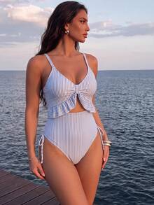 Swim Lushoire Fashionable High-End Striped Drawstring Hollow-Out Ruffle Women's Summer Beach Vacation One-Piece Swimsuit - Multicolor - View 3