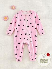SHEIN (7pcs Random 1pc) Baby Girl Long Sleeve Long Pants Zipper Jumpsuit, Pink Purple White Cartoon Funny Pattern Heart Star Ballet Girl Butterfly Colorful Flower, Comfortable Soft Casual Cute, Suitable For Outdoor Wear And Home Loungewear, All Seasons - Multicolor - View 1
