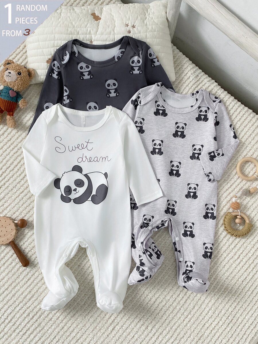 SHEIN Playful Pals 【1件隨機發送】春夏針織圓領長袖連身褲，附腳套，可愛熊卡通圖案數位印花設計，獨特花紋，休閒百搭時尚居家服，最佳選擇 - 彩色 - 查看 1