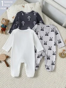 SHEIN Playful Pals 【1件隨機發送】春夏針織圓領長袖連身褲，附腳套，可愛熊卡通圖案數位印花設計，獨特花紋，休閒百搭時尚居家服，最佳選擇 - 彩色 - 查看 3