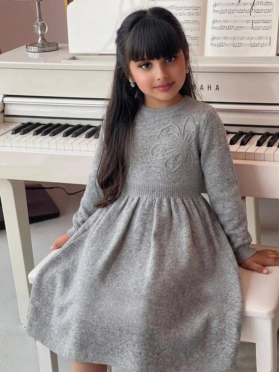 Kids Tween Girl Long Sleeve Cinched Waist A-Line Large Floral Round Neck Dark Gray Knit Autumn Dress - Grey - View 1