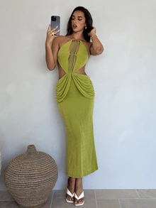 Aloruh Women's Lime Green Music Festival Backless Tassel Decor Fitted Fishtail Dress, Spring/Summer,Dresses For Women Night Out Vacation Sexy - Green - View 3