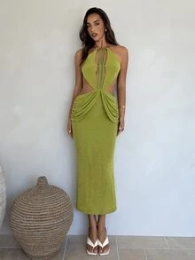 Aloruh Women's Lime Green Music Festival Backless Tassel Decor Fitted Fishtail Dress, Spring/Summer,Dresses For Women Night Out Vacation Sexy - Green - View 2