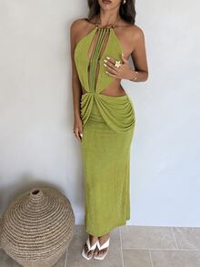 Aloruh Women's Lime Green Music Festival Backless Tassel Decor Fitted Fishtail Dress, Spring/Summer,Dresses For Women Night Out Vacation Sexy - Green - View 5