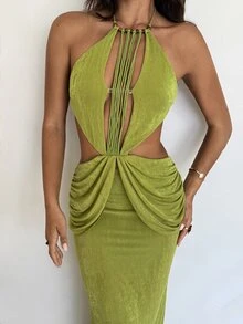 Aloruh Women's Lime Green Music Festival Backless Tassel Decor Fitted Fishtail Dress, Spring/Summer,Dresses For Women Night Out Vacation Sexy - Green - View 1