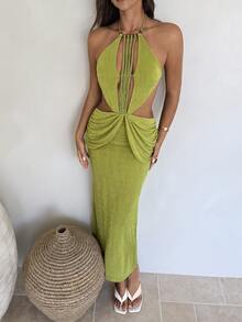 Aloruh Women's Lime Green Music Festival Backless Tassel Decor Fitted Fishtail Dress, Spring/Summer,Dresses For Women Night Out Vacation Sexy - Green - View 6