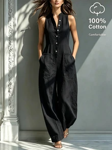 SHEIN LUNE Fashionable Commuter Solid Color Button Half-Placket Sleeveless Jumpsuit - Black - View 3
