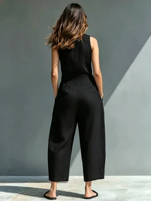 SHEIN LUNE Fashionable Commuter Solid Color Button Half-Placket Sleeveless Jumpsuit - Black - View 2