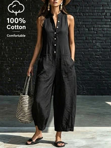 SHEIN LUNE Fashionable Commuter Solid Color Button Half-Placket Sleeveless Jumpsuit - Black - View 5