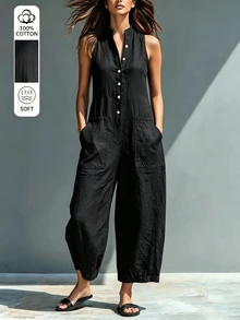 SHEIN LUNE Fashionable Commuter Solid Color Button Half-Placket Sleeveless Jumpsuit - Black - View 6