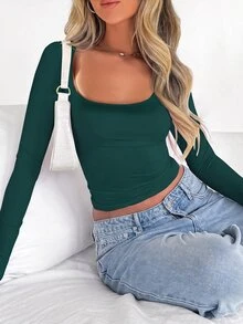 Zavorell Women's Solid Color Slim Fit Long Sleeve T-Shirt Fall Cloth For Women - Dark Green - View 4