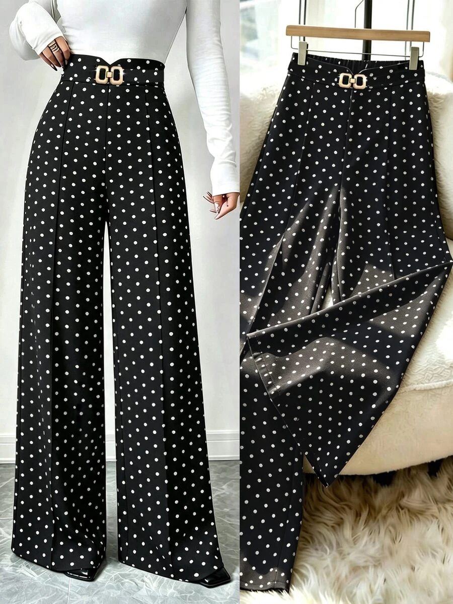 EMERY ROSE Women's Polka Dot Floral Pattern Casual Elegant Versatile Daily Travel Long Pants Tea Party White And Black Polka Dot Autumn - Multicolor - View 1