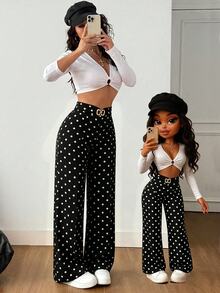 EMERY ROSE Women's Polka Dot Floral Pattern Casual Elegant Versatile Daily Travel Long Pants Tea Party White And Black Polka Dot Autumn - Multicolor - View 5
