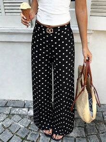 EMERY ROSE Women's Polka Dot Floral Pattern Casual Elegant Versatile Daily Travel Long Pants Tea Party White And Black Polka Dot Autumn - Multicolor - View 3