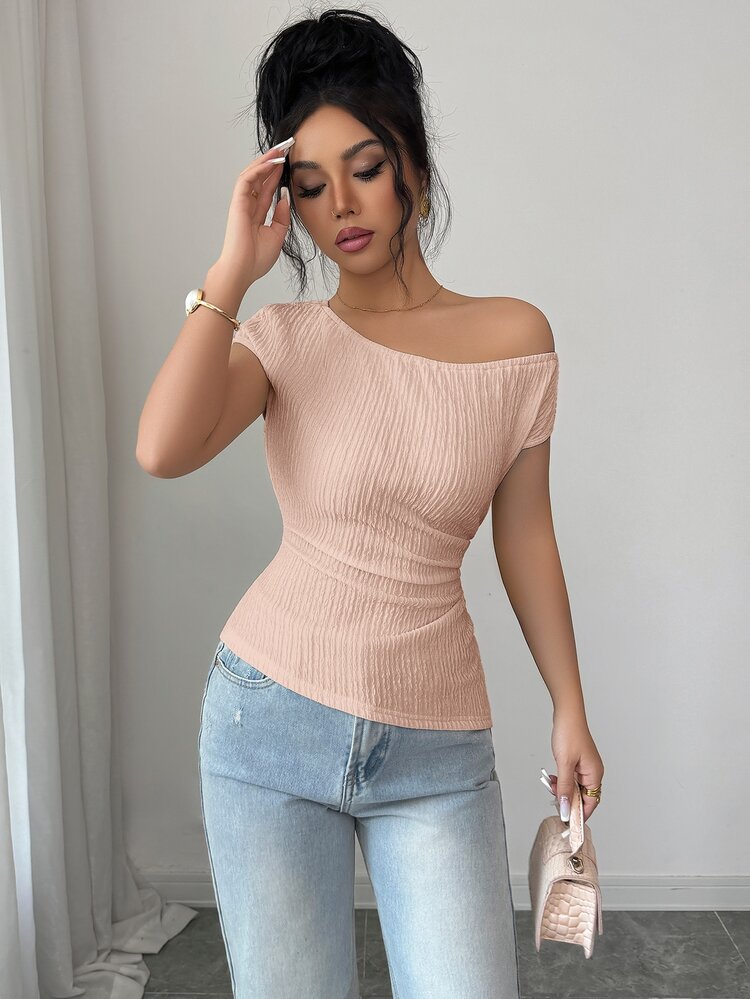 Elenzga Apricot Knitted Textured Chiffon Asymmetric Shoulder Sleeveless Elastic Waist Ruched Hem T-Shirt, Elegant Sexy Chic For Easter, Labor Day, Going Out - Pink - View 4