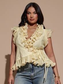 SHEIN BAE CURVE Plus Size Women's Soft Yellow Ruffle Tie Elegant Top Brunch Tea Party Summer - Yellow - View 7