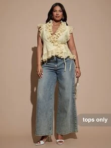 SHEIN BAE CURVE Plus Size Women's Soft Yellow Ruffle Tie Elegant Top Brunch Tea Party Summer - Yellow - View 1