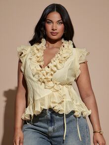 SHEIN BAE CURVE Plus Size Women's Soft Yellow Ruffle Tie Elegant Top Brunch Tea Party Summer - Yellow - View 6