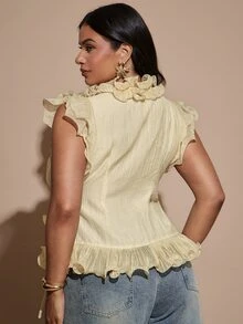 SHEIN BAE CURVE Plus Size Women's Soft Yellow Ruffle Tie Elegant Top Brunch Tea Party Summer - Yellow - View 4