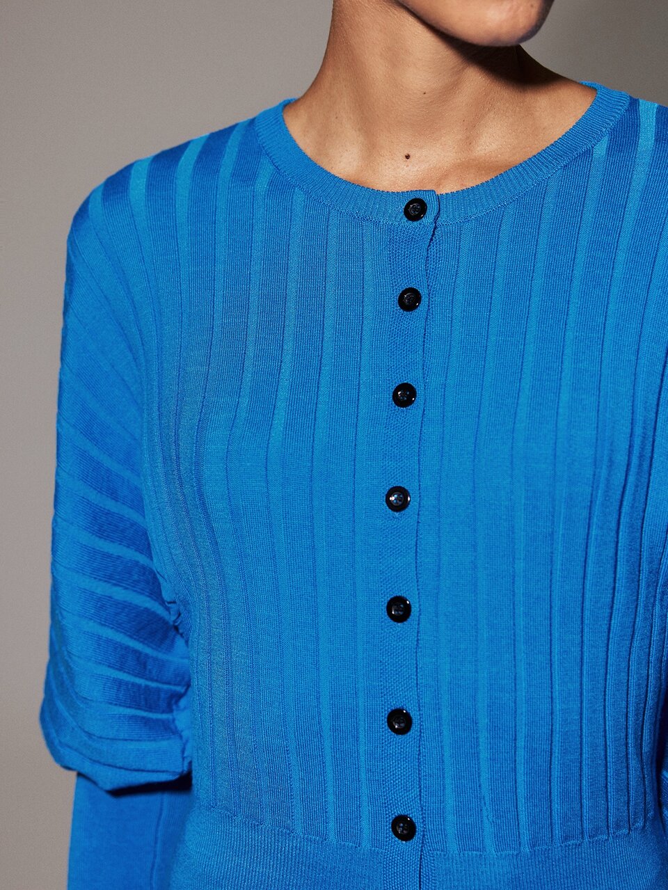 Anewsta Women Klein Blue Ribbed Batwing Sleeve Cropped Knit Cardigan, Single-Breasted Casual Commuter Vintage Short Outerwear Top, Spring/Autumn