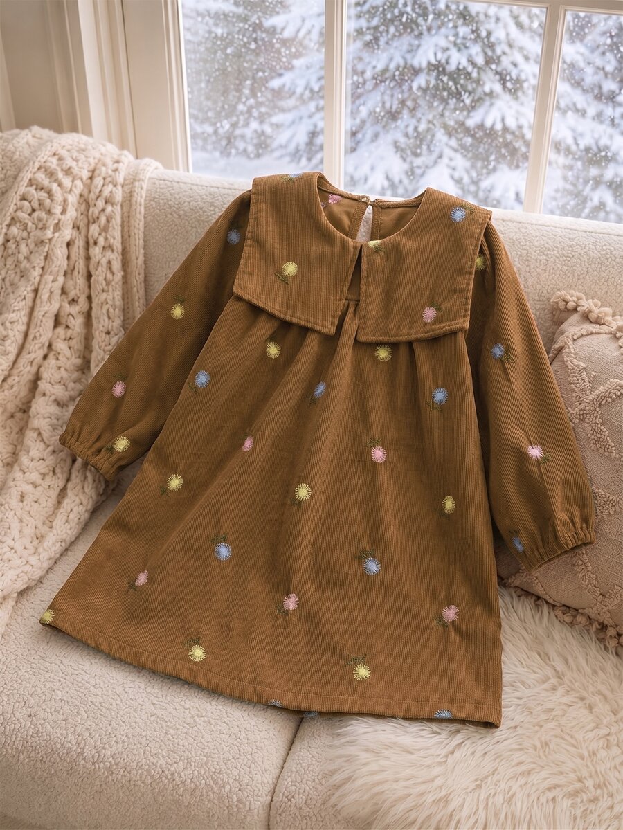 SHEIN 女童燈芯絨花卉刺繡可愛領長袖洋裝 春秋款 感恩節 母女套裝 小新娘 棕色仙女公主風