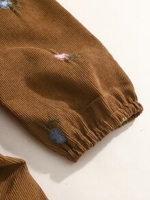 SHEIN 女童燈芯絨花卉刺繡可愛領長袖洋裝 春秋款 感恩節 母女套裝 小新娘 棕色仙女公主風 - 咖啡棕 - 查看 7