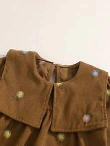 SHEIN 女童燈芯絨花卉刺繡可愛領長袖洋裝 春秋款 感恩節 母女套裝 小新娘 棕色仙女公主風 - 咖啡棕 - 查看 5