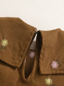 SHEIN 女童燈芯絨花卉刺繡可愛領長袖洋裝 春秋款 感恩節 母女套裝 小新娘 棕色仙女公主風 - 咖啡棕 - 查看 6