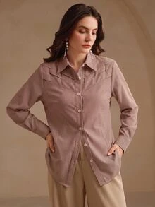 Anewsta 女款秋季優雅休閒棕色條紋寬鬆長袖開襟襯衫，梭織肩部細節，適合商務辦公 - 藕粉色 - 查看 3
