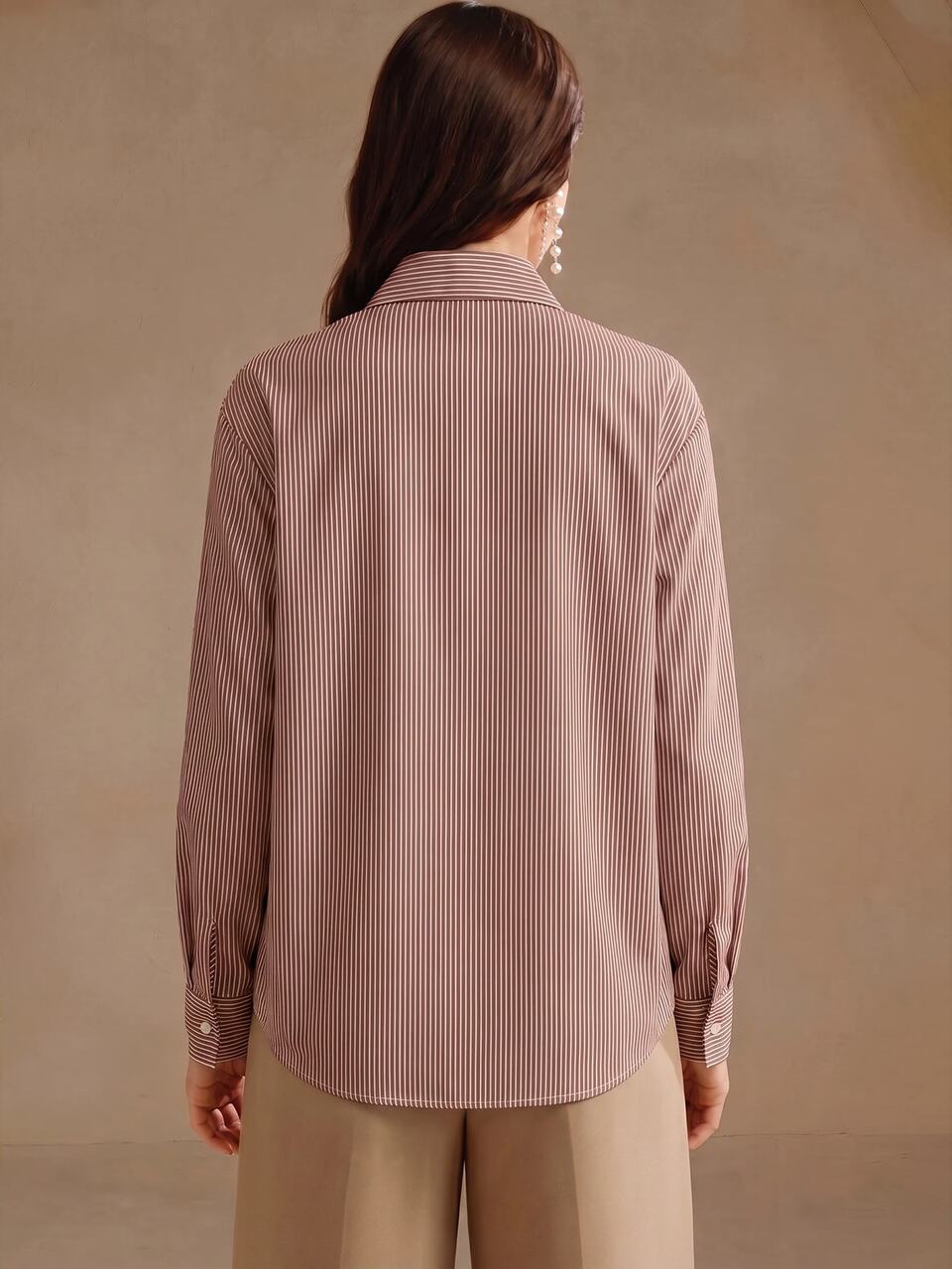 Anewsta Women's Brown Striped Elegant Casual Loose Long Sleeve Open Front Shirt Top, Woven Shoulder Detail For Unique Style And Fashionable Design, Spring/Summer, Suitable For Daily Wear, Office Commute And School