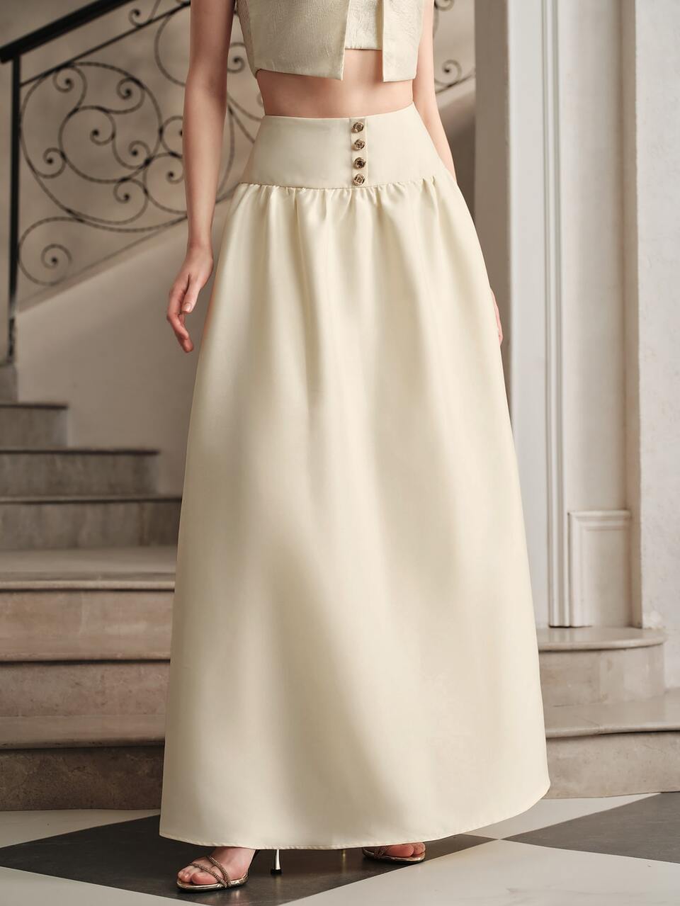 Anewsta Modern Fashion Apricot Ruched A-Line Flared Skirt