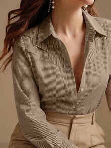 Anewsta 女款綠白條紋優雅休閒寬鬆長袖開襟襯衫女裝，梭織肩部細節，適合秋季、日常、辦公室 - 棕色 - 查看 4