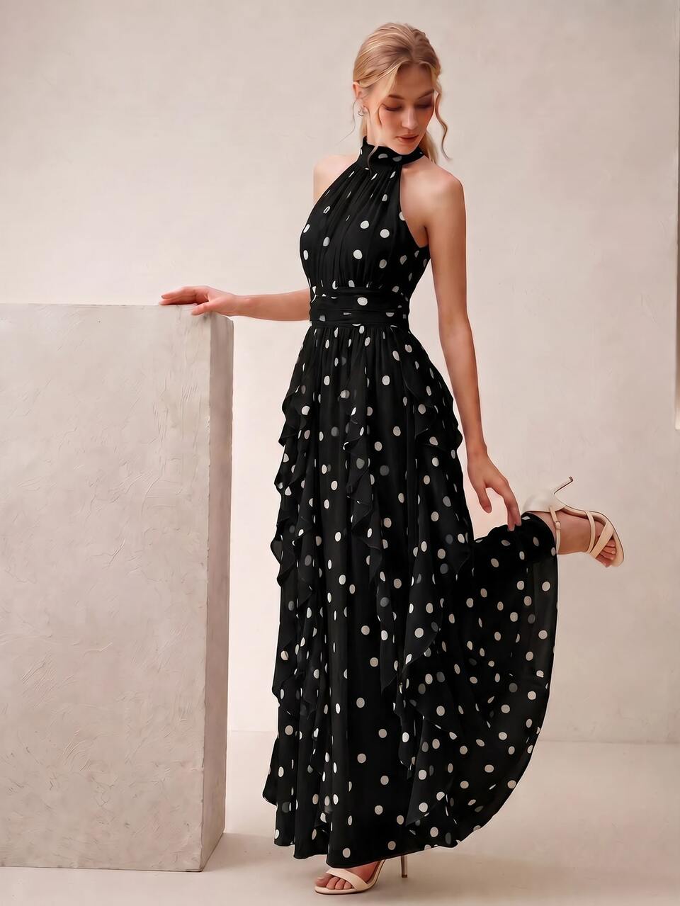 Anewsta Women's Fall Elegant Romantic Vintage Polka Dot Sleeveless Halter Long Dress, Waist Pleated Slimming Ruffle Hem, Party Cocktail, Banquet Wedding