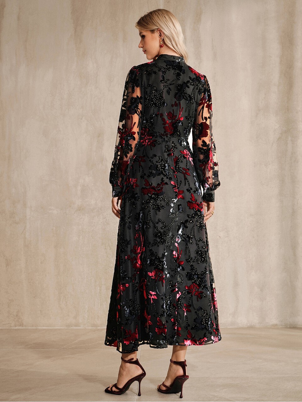 Anewsta Elegant Women's Black Flared A Line Long Dress With Stand Collar And Random Print Long Regular Sleeves Button And Zipper Details