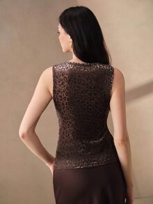 Anewsta Leopard Print Halter Neck Criss-Cross Fitted Ruched Top, Sexy Hot Girl Cold Shoulder Sleeveless Tank Top For Innerwear Or Outerwear - Coffee Brown - View 2